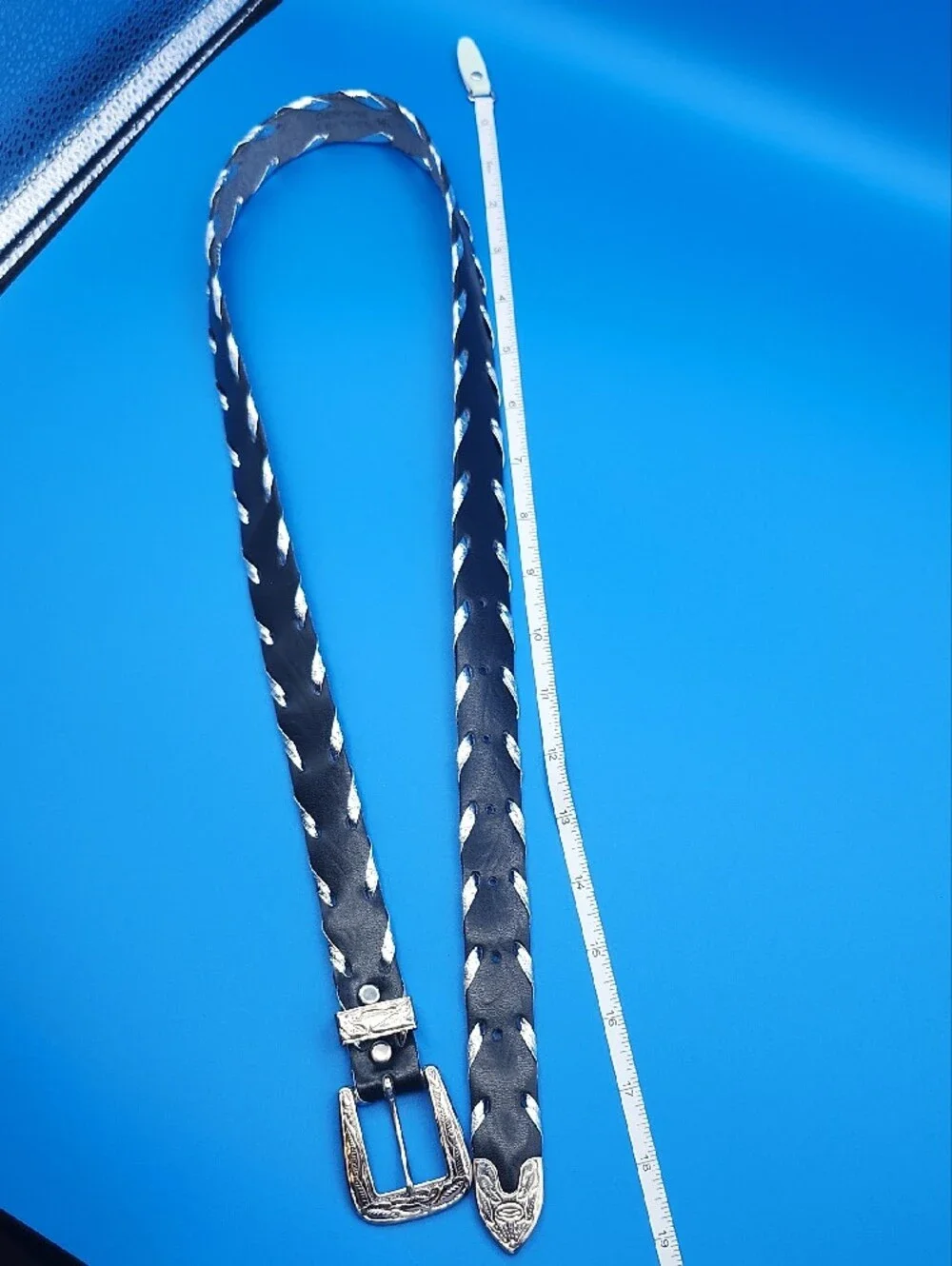 Y2K Women’s Black Leather Western Belt with Silver-Tone Engraved Buckle M/L